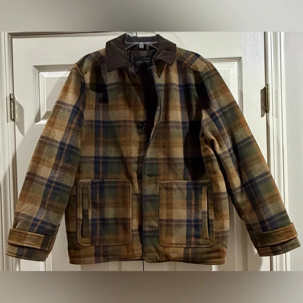 Banana Republic $180 HEAVY CORDUROY-COLLAR PLAID JACKET, Olive, Sz M